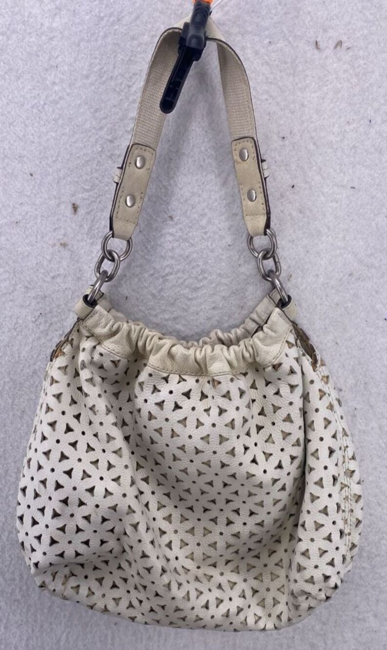 Fossil Tava Cream Leather Hobo Bag Laser Cut Perforated Slouchy Shoulder Purse